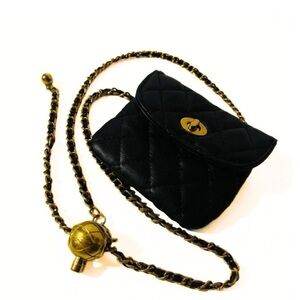 Mini Flap Quilted Belt Bag Black & Gold Chain  & Adjuster Ball Sphere Detail
